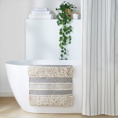 Boho Style Stripe Cotton Indoor Bath Rug, Woven Texture Machine Washable Heavy Shaggy Touch Bath Rug