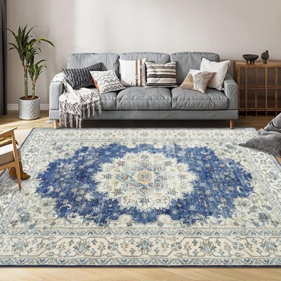 Vintage Area Rugs, Boho Traditional Washable Rug Floral Print Carpet, Low Pile Non-Slip Rubber Backing Foldable Mat