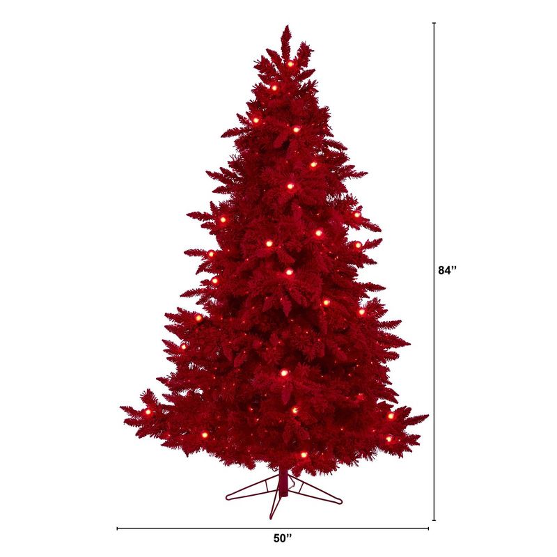 Nearly Natural 7-ft Red Flocked Fraser Fir Artificial Christmas Tree with 500 Red Lights, 40 Globe Bulbs and 1039 Bendable Branches, 2 of 8