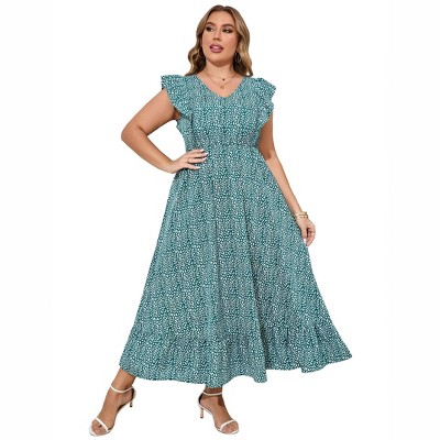 Clearlove Women's Summer Plus Size Dress Ruffle Cap Sleeveless V Neck Side Split Long Beach Maxi Dress