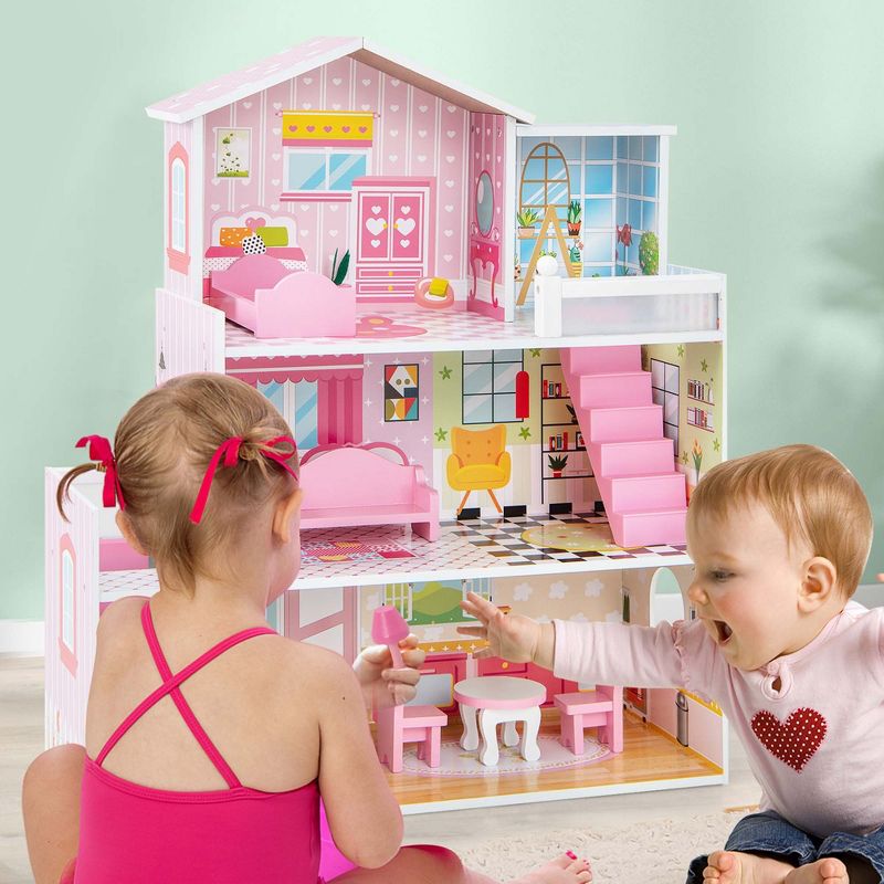 Costway Kids Wooden Dollhouse Playset with 5 Simulated Rooms & 10 Pieces of Furniture, 2 of 11