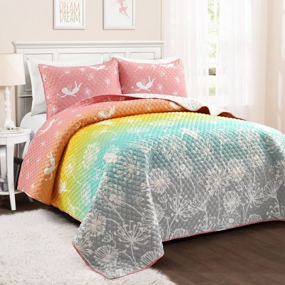 2pc Twin Make A Wish Dandelion Fairy Ombre Quilt Pastel Rainbow Set - Lush Décor