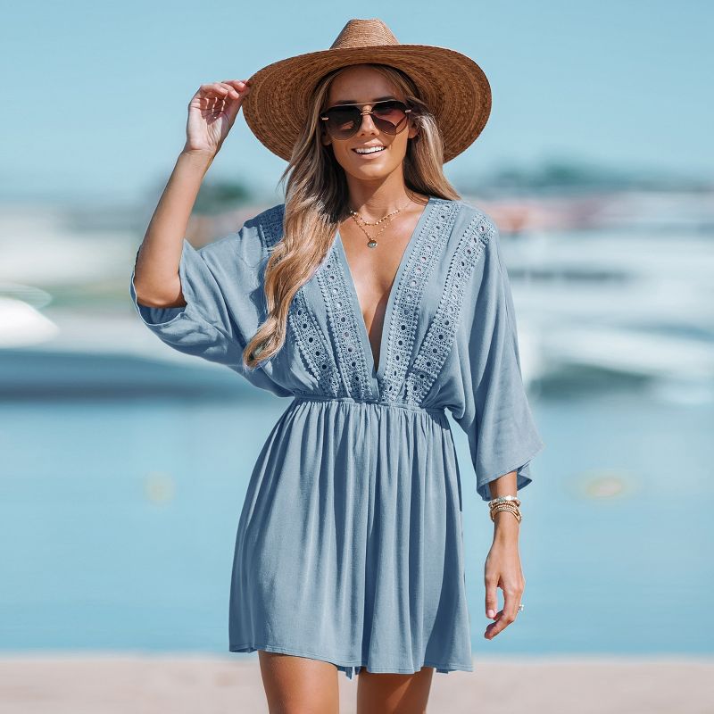 Women's Blue Seas Plunging V-Neck Cover-Up Dress - Cupshe, 3 of 6