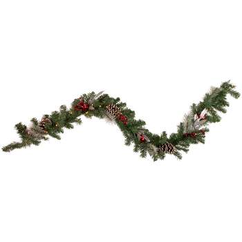 Northlight Pre-Lit Battery Operated Frosted Pine and Berries Christmas Garland - 6' x 9" - Cool White LED Lights