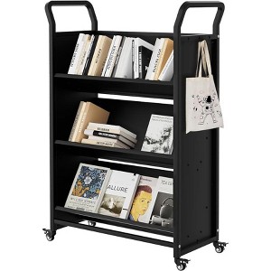 3 Tier Book Cart - Heavy Duty Metal Rolling Cart with 4 Lockable Wheels & Side Hooks, V Shaped Library Carts Storage Book Organizer - 1 of 4