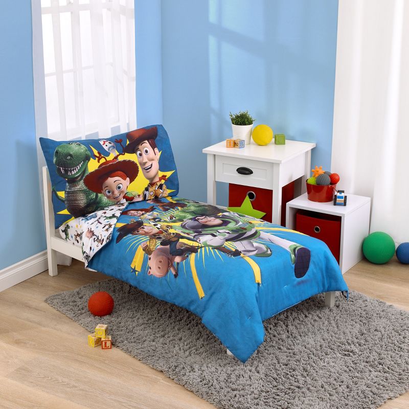 Disney Toy Story Taking Action Blue, Green and Yellow 4 Piece Toddler Bed Set, 1 of 7