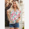 Amaryllis Women’s Floral Print Short Sleeve Blouse with Striped Trim Notched Neckline Relaxed Fit - 2 of 4