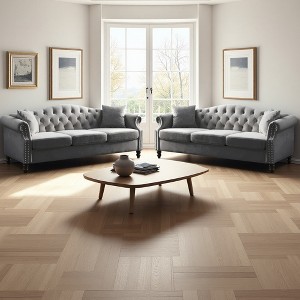 3+3 Velvet Chesterfield Sofa Set with Nailhead Trim & Removable Cushions - 1 of 4