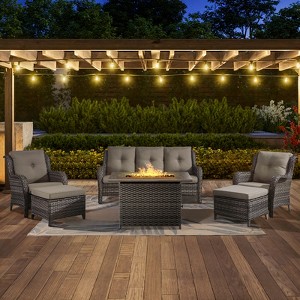 POCASSY 6-Piece Outdoor Furniture Set with 50000BTU Propane Fire Pit, All Weather Wicker Patio Fire Pit Table Set with 3-Seater Sofa and Club Chair - 1 of 4