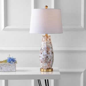 JONATHAN Y 28" Jocelyn Seashell Table Lamp (Includes LED Light Bulb) White: Mosaic Square Tiles, Brass Accents, Linen Shade - 1 of 4