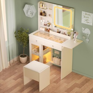 Small Vanity Desk with Mirror and Lights and Chair, Makeup Vanity with Glass Top and 2 USB Power Strip White - 1 of 4