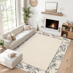 Acekool Washable Runner Rug 2x6 Modern Bordered Floral Print, Non-Slip Low Pile Soft Bedside Rug for Hallway, Laundry, Bedroom,Beige - 1 of 4
