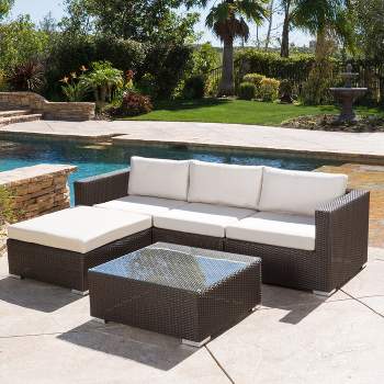 Santa Rosa 5pc Wicker Patio Seating Sectional Set with Cushions - Multi Brown with Beige Cushions - Christopher Knight Home