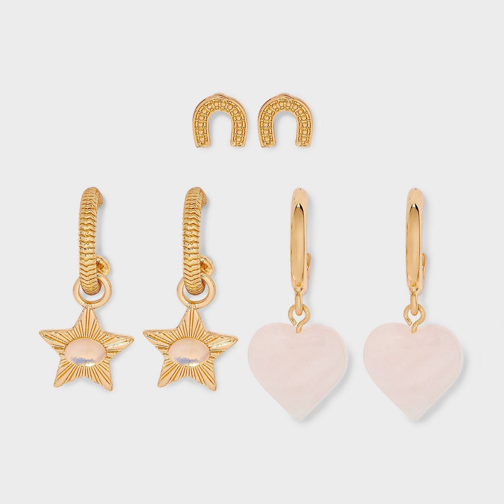 Horseshoe Semi Precious Moonstone Hearts & Stars Earring Set 3pc - Universal Thread Metallic Gold