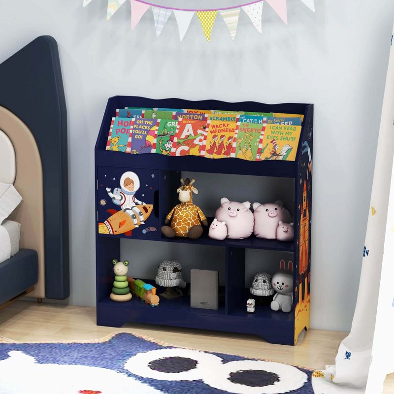 Costway Toy Storage Organizer 3-In-1 Kids Toy Shelf with Book Shelf, Storage Cabinet White/Blue, 2 of 11