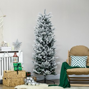 6ft Tall Flocked Artificial Christmas Tree Holiday D¨¦cor with 477 Snow Branches, Auto Open, Steel Base, Green - 1 of 4