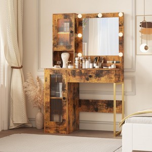 Vanity Desk with Mirror and Lights, Makeup Dressing Table w/Adjustable Bulbs, Sturdy MDF Top & Metal Leg, Smart Storage Drawers & Cabinets for Bedroom - 1 of 4