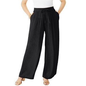 Roaman's Women's Plus Size Crinkle Wide-Leg Pant - 1 of 4