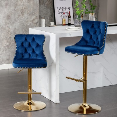SKRAN Swivel Velvet Barstools Set of 2, Adjustable Seat Height Tufted Back Hand-Hammered Rivets Black Metal Leg For Home Pub & Kitchen Island