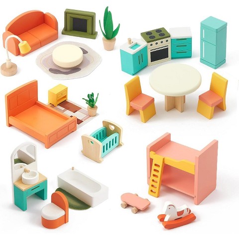 Etokfoks 26 Pcs Large Wooden Dollhouse Furniture Set for Kitchen Living Room Bedroom Bathroom Babyroom Kids Toy Accessories