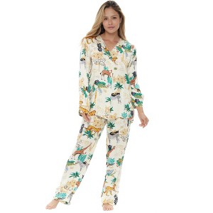 ADR Women's Pajamas Lounge Set, Long Sleeve Top and Pants with Pockets, Viscose Pjs Floral Flowers - 1 of 4