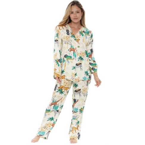 ADR Women's Floral Print Pajamas with Pockets, Button Down PJ Set Safari  Medium