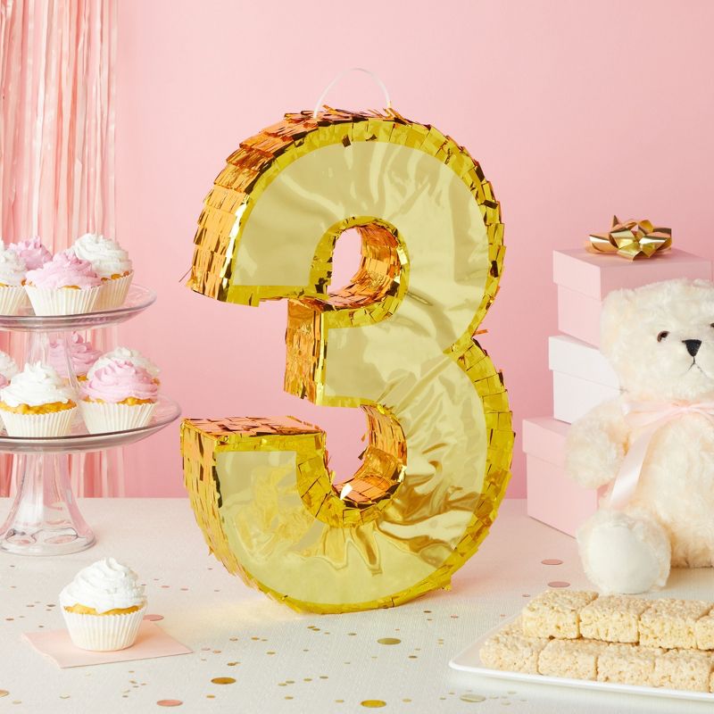 Juvale Number 3 Gold Foil Party Pinata for Third 3rd Birthday, Centerpiece Decoration 11.1 x 2.9 x 16.1 in, 3 of 8