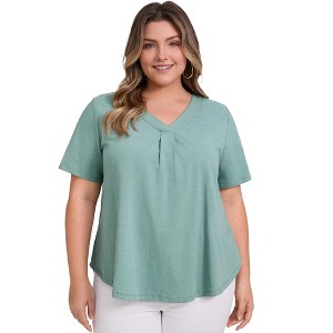 GRACE & GRANDEUR Women's Plus Size Pleated Banded V Neck Short Sleeve Loose Fit Casual T-shirts - 1 of 4