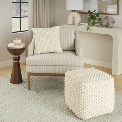 Ivory Embroidered Square Cotton-Polyester Throw Pillow 18"