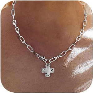 Layered Chunky Cross Necklace 14K Gold Silver Non Tarnish Statement Jewelry - 1 of 4