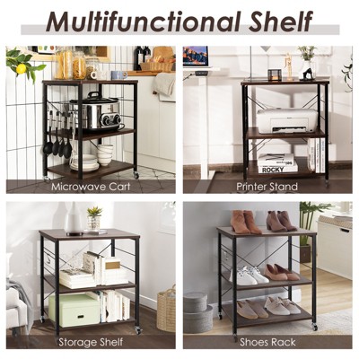Nut Brown 3-Tier Kitchen Cart with Hooks and Wheels