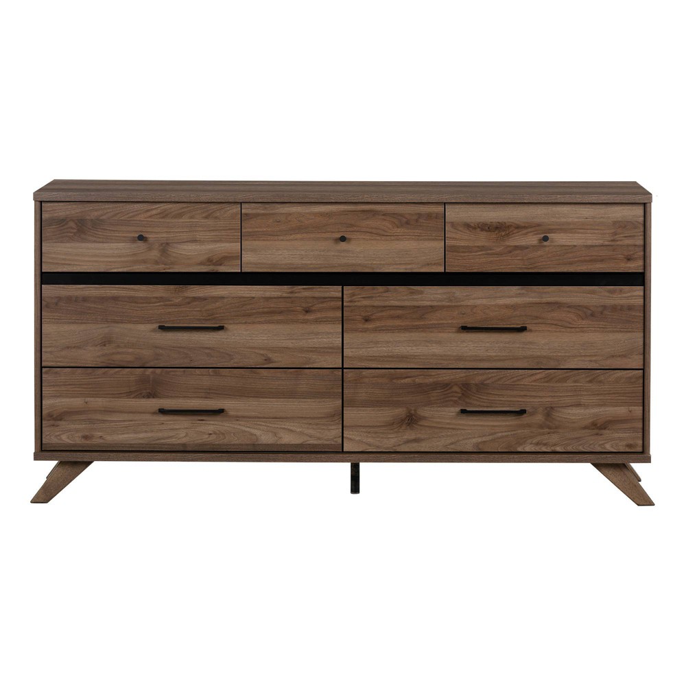 Photos - Dresser / Chests of Drawers Flam 7 Drawer Double Dresser Natural Walnut/Matte Black - South Shore