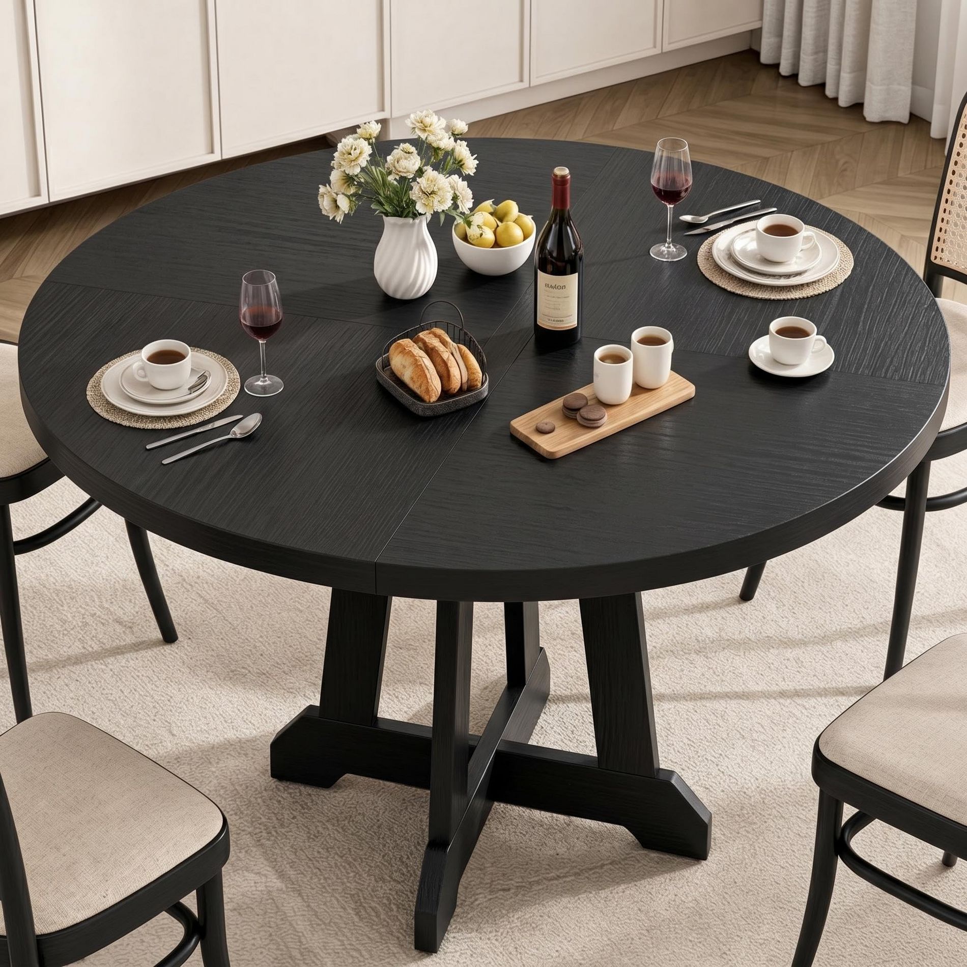 Round Dining Table for 4, 47 Inches Circle Dining Room Table with Wooden Base for Kitchen, Living Room (Table Only), Black