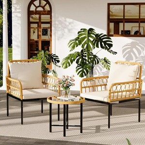 3-Piece Patio Furniture Set, Outdoor Wicker Rattan Chairs with Glass Table - 1 of 4