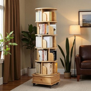 Mshliw 6-Tier 360° Rotating Bookshelf with Wheels and Drawer, Space-Saving Round Spinning Bookcase Tower for Bedroom and Living Room - 1 of 4