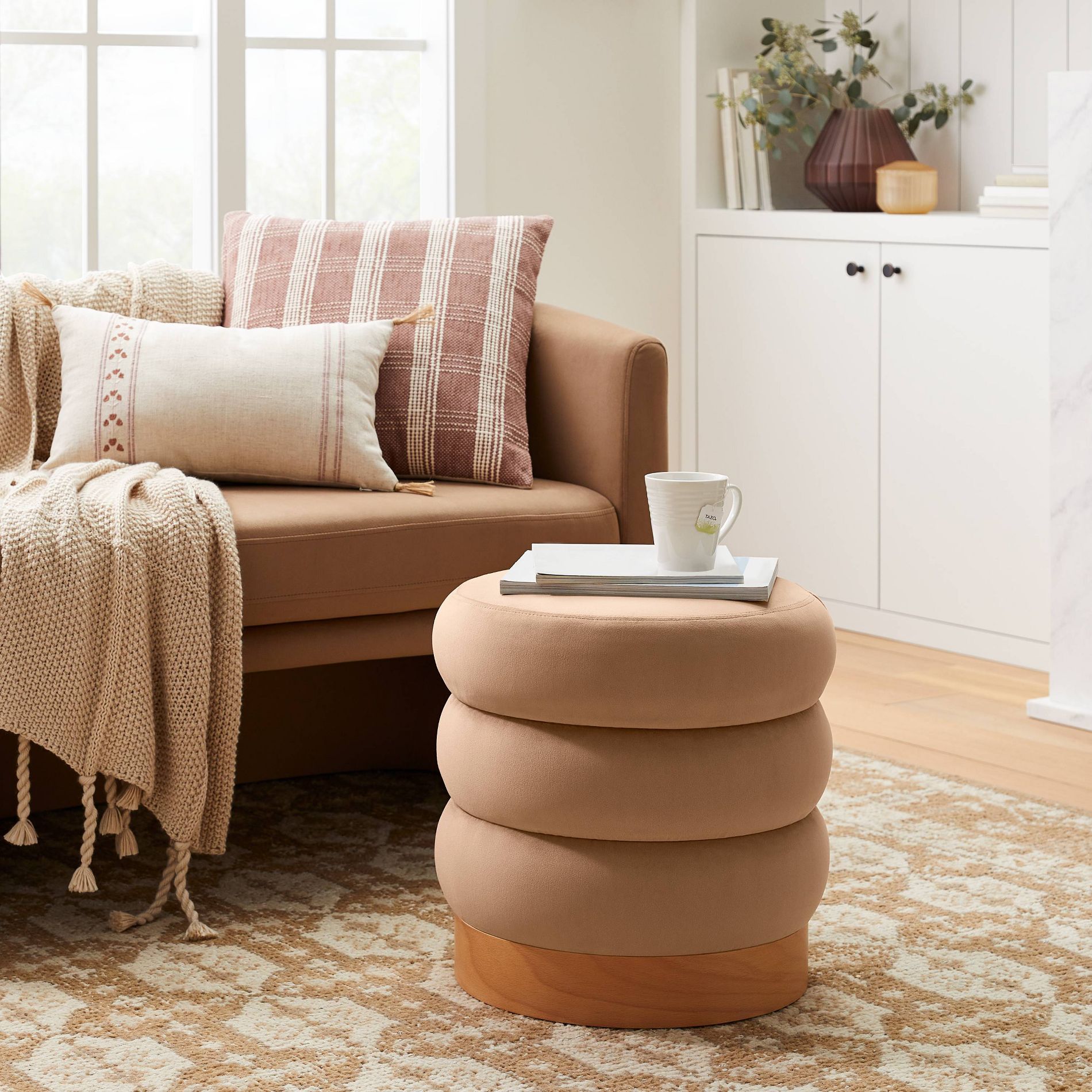 Clarkdale Channel Tufted Ottoman with Wood Base Light Brown Velvet - Threshold™ designed with Studio McGee