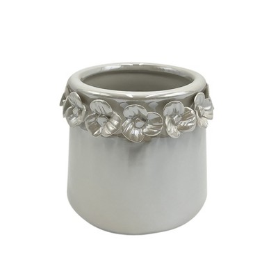 Sagebrook Home Iridescent Floral Applique Ceramic Indoor Outdoor Planter Pot Ivory 5"x5"x4.5": Hand-Painted, Rust-Resistant