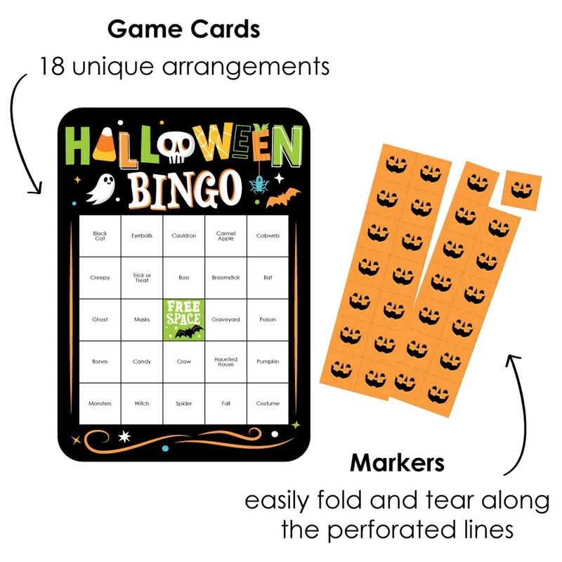 Big Dot of Happiness Jack-O'-Lantern Halloween - Bingo Cards and Markers - Kids Halloween Party Bingo Game - Set of 18, 3 of 7