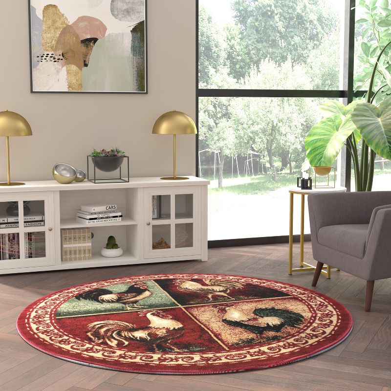 Emma and Oliver Rustic Farmhouse Plush Olefin Accent Rug with Rooster Design and Floral Borders and Natural Jute Backing, 3 of 8