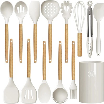 BRINJOY Silicone Cooking Utensil Set - Heat Resistant 446¡ãF Non-Stick Kitchen Tools with Wood Handles & Holder, BPA-Free (Cream White)
