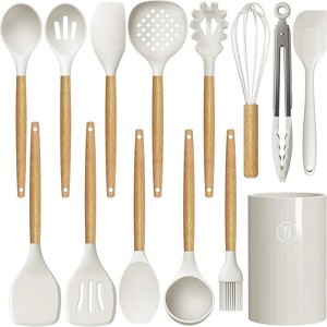 BRINJOY Silicone Cooking Utensil Set - Heat Resistant 446¡ãF Non-Stick Kitchen Tools with Wood Handles & Holder, BPA-Free (Cream White) - 1 of 4
