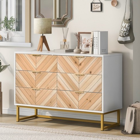 Modern 6 Drawer Dresser With Wooden Leg And Handle, Brown+white -  Modernluxe : Target