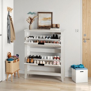 ORRD  31.5" Retro White Shoe Cabinet Mid-Century vintage design with 2 flip drawers, ideal for hallway/entryway/staircase - 1 of 4