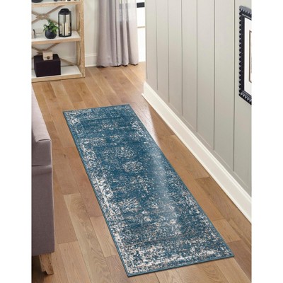 Sofia Blue and Ivory Low Pile Runner Rug