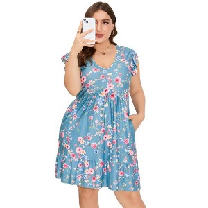Garvee Womens Plus Size Casual Tunic Dress V Neck Loose Swing Ruffle Summer Boho Midi Dress with Pockets - 1 of 4