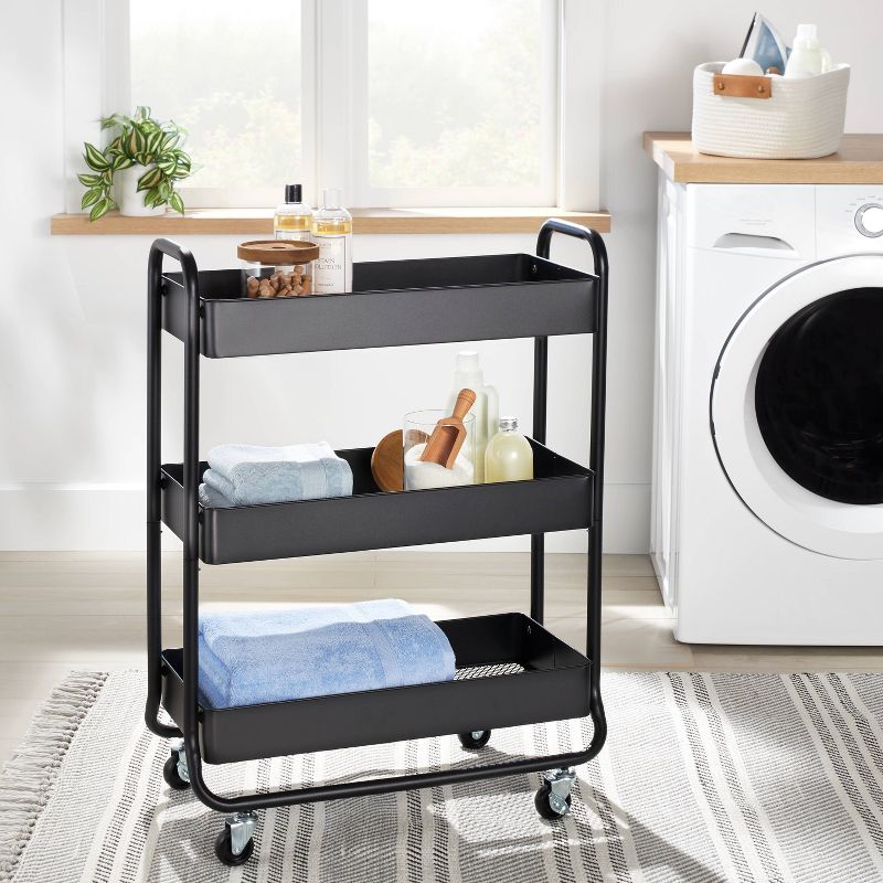 Wide MetalUtility Cart Black - Brightroom&#8482;: Rolling Mesh Shelves, Locking Casters, Powder-Coated Steel & Plastic Construction, 3 of 7