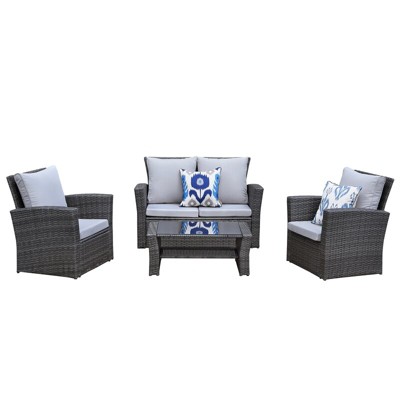 Nertpow 4-Piece Outdoor PE Rattan Wicker Patio Furniture Set with Grey Cushions