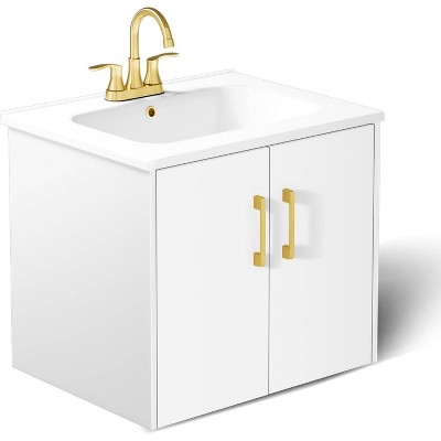 phiestina 24 Inch White Floating Bathroom Vanity, Pre-Assembled Wall-Mounted Cabinet with 2 Soft-Close Doors & 3 Hole Ceramic Sink, No Faucet
