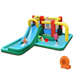 Costway Slide Water Park Climbing Bouncer Splash Pool Pendulum Tunnel Game with 680W Blower - 1 of 4
