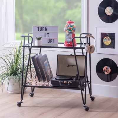 Lawsonia Sleek Black Iron & Mirrored 2-Tier Mobile Bar Cart